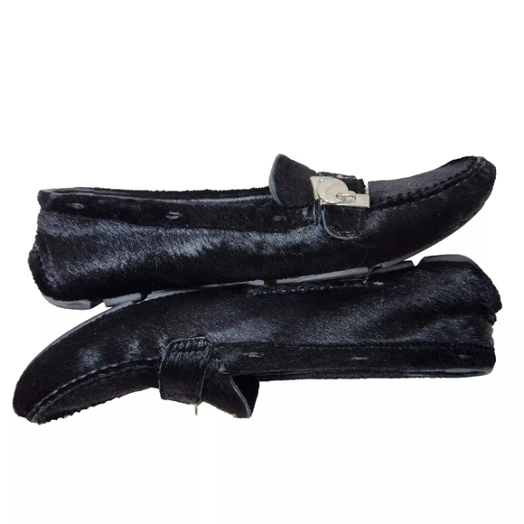 PRADA Pony Calf Hair Driving Loafers COA Sz 37/7 US Logo Charm Black Driver - Picture 11 of 16